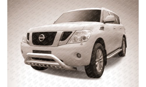 Кенгурятник низкий широкий d76 с защитой картера и перемычкой Nissan Patrol на Nissan Patrol (2010-2013) 