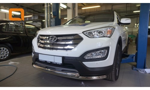 Защита переднего бампера Hyundai SantaFe (2012-/2015-) (двойная) d60/60  (несовместима с защитой кар на Hyundai Santa Fe (2013-2018) 