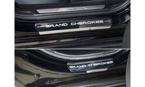 Накладки на пороги (лист зеркальный надпись Grand Cherokee) 4шт код GRCHER17-04 на Jeep Grand Cherokee (2017-) 