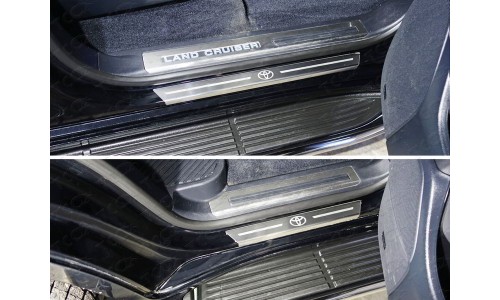 Накладки на пороги с гибом (лист шлифованный логотип Toyota) 4шт код TOYLC20015-34 на Toyota Land Cruiser 200 (2015-2019) 